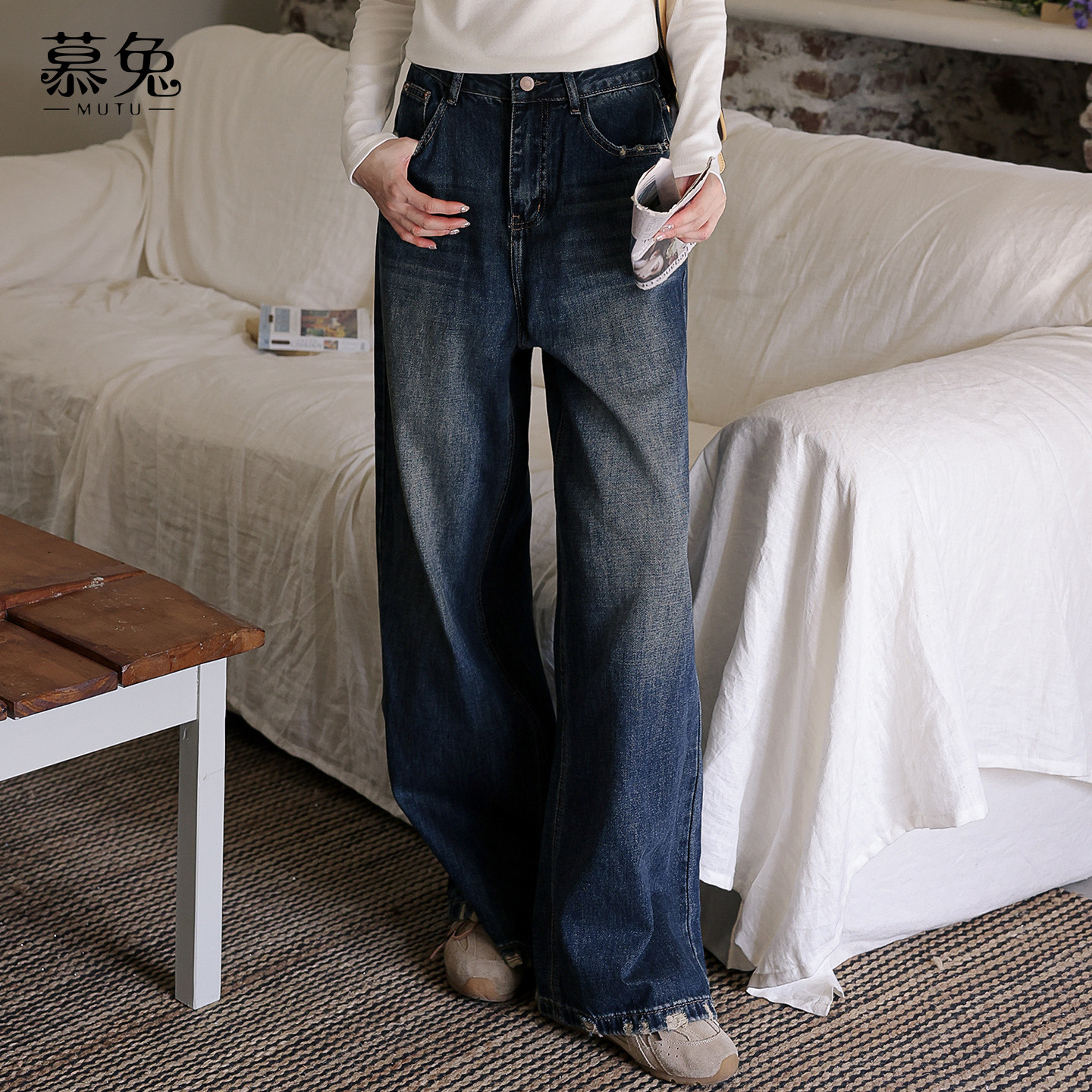 慕兔复古慵懒风阔腿牛仔裤女2026春季新款小个子高腰显瘦水洗长裤,女装/女士精品,牛仔裤,淘宝优惠券,粉丝福利购,淘宝优惠卷