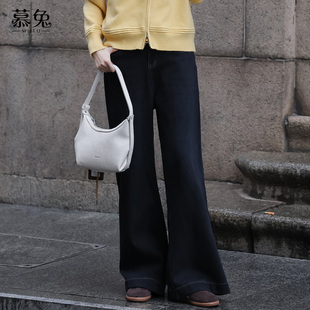 慕兔复古垂感加绒牛仔裤女2025冬季新款加厚小个子高腰微喇长裤子