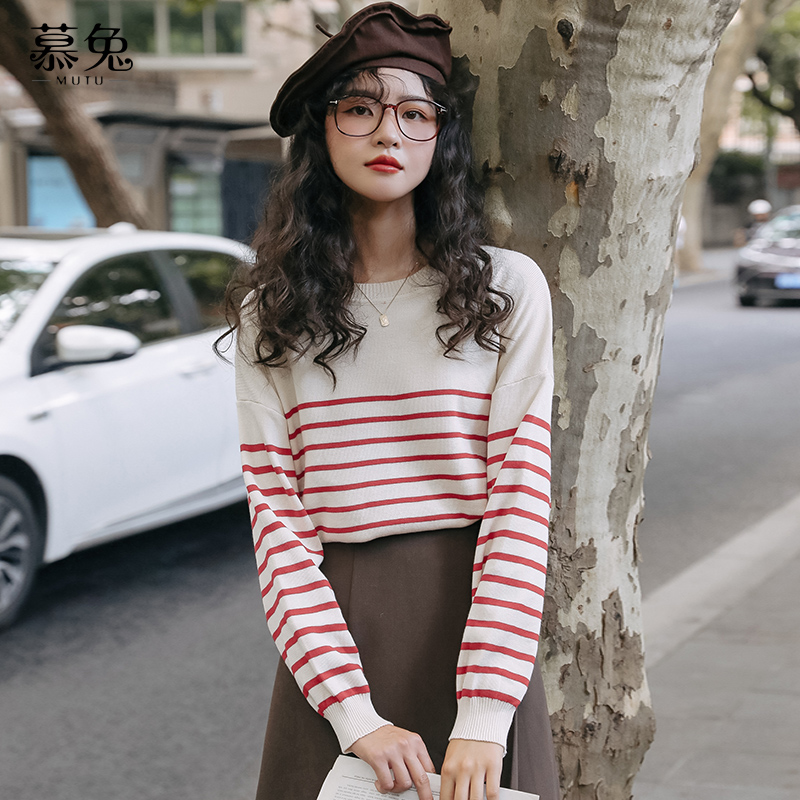 慕兔红条纹针织衫毛衣秋季新款
