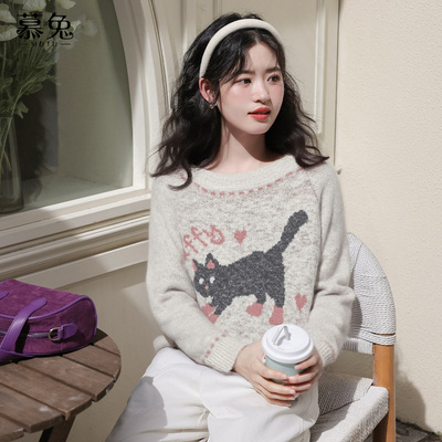 慕兔甜美小个子卡通猫咪圆领毛衣