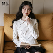 慕兔法式 设计感小众木耳边上衣 新款 娃娃领波点长袖 t恤女2026春季