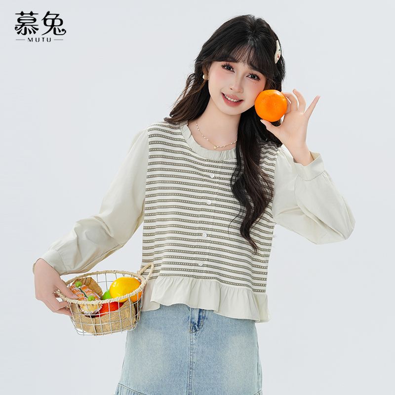 慕兔法式小香风条纹长袖衬衫