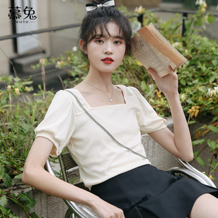 设计感小众泡泡袖 慕兔法式 新款 t恤女2025夏季 短上衣 气质方领短袖