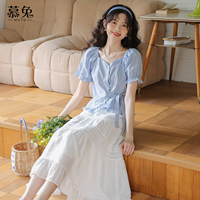 慕兔可鹽可甜套裝裙少女2025夏新款短袖格子襯衫白色蛋糕裙兩件套