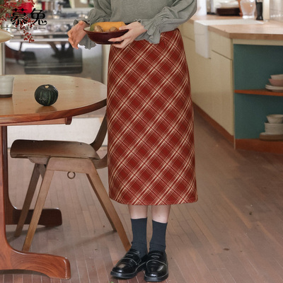 慕兔复古高腰格子包臀半身裙