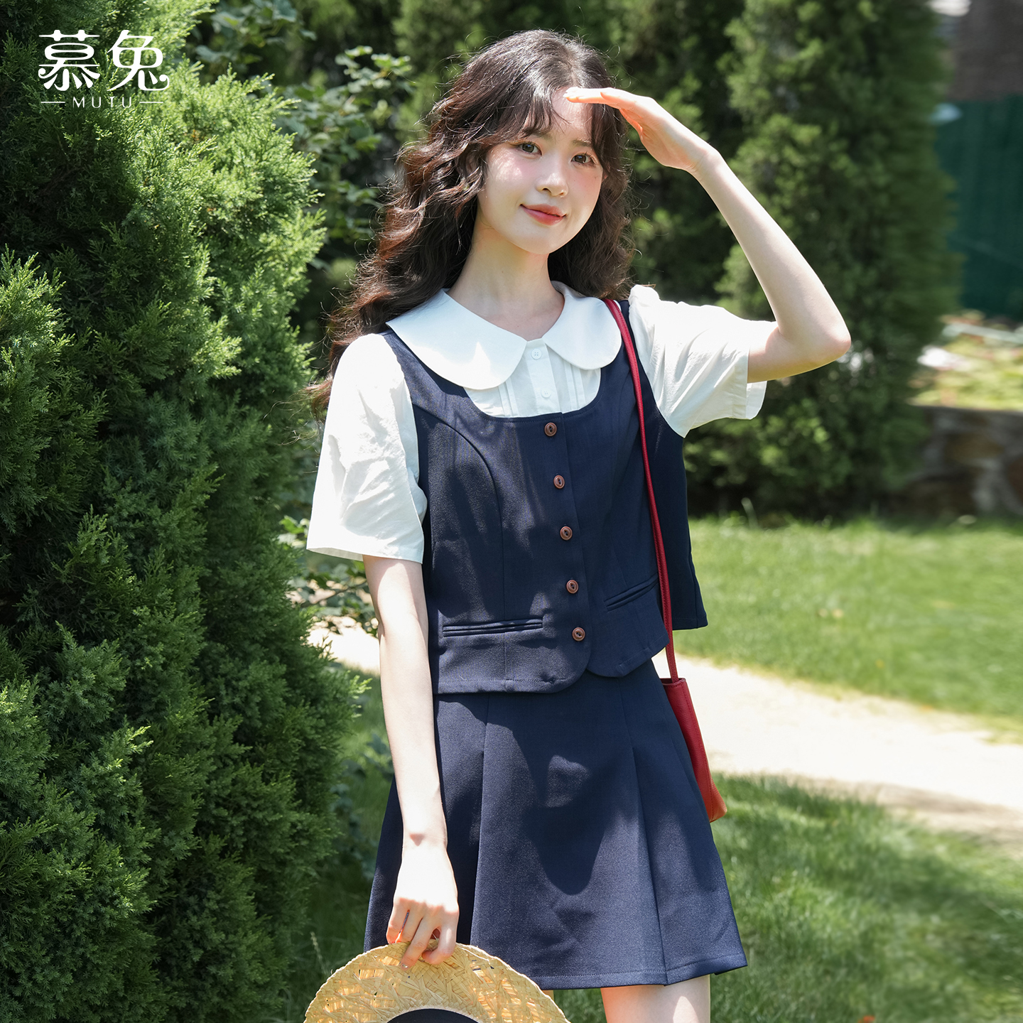 慕兔学院风衬衫百褶半身裙套装