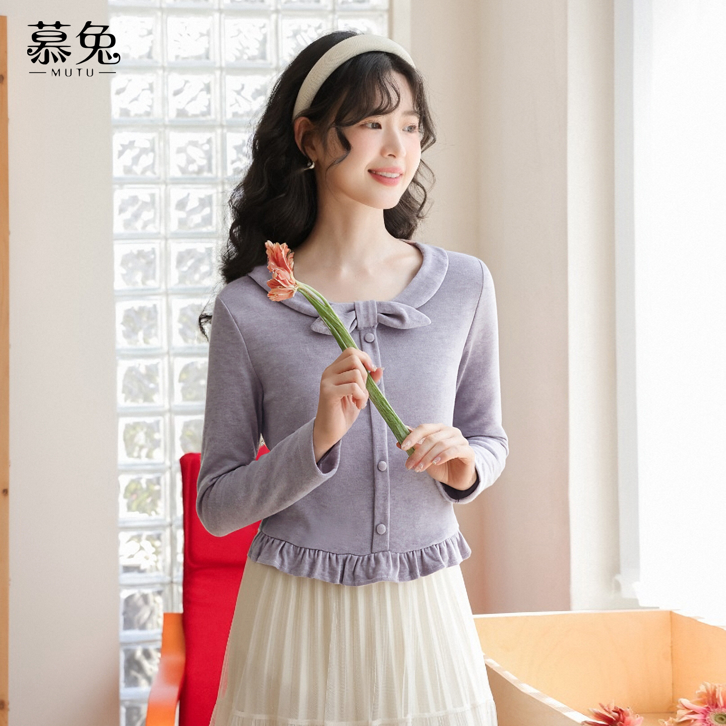 慕兔甜美粉色木耳边长袖衬衫