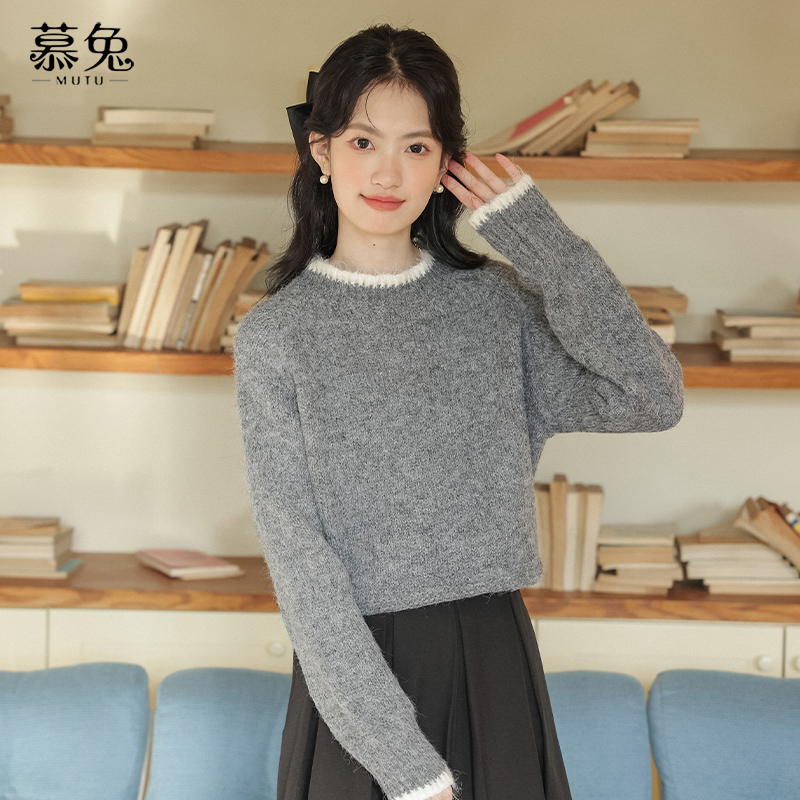 慕兔慵懒风灰色长袖针织毛衣