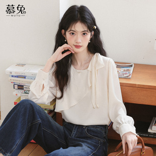 慕兔法式气质蝴蝶结钉珠衬衫女2026春季新款别致正肩长袖粉色上衣