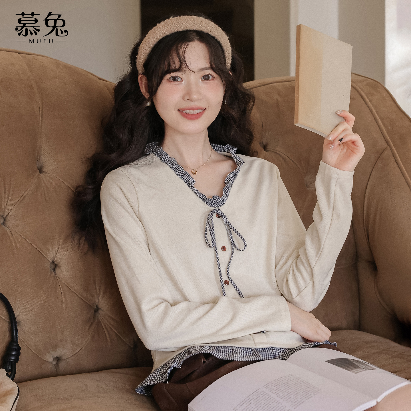 慕兔韩系格子木耳边拼接长袖t恤女2025秋季新款小个子宽松短上衣