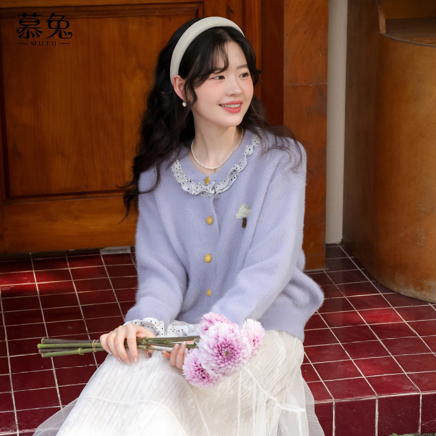 慕兔法式波点木耳边毛衣开衫女2025冬季新款圆领宽松显瘦针织上衣,女装/女士精品,毛衣,淘宝优惠券,粉丝福利购,淘宝优惠卷