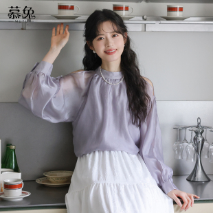女2025秋新款 衬衫 设计感小众立领雪纺上衣 温柔风露肩长袖 慕兔法式