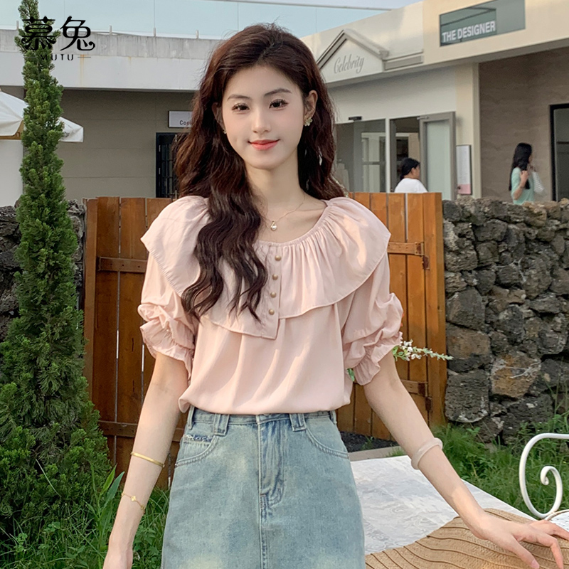慕兔法式荷叶边一字肩短袖衬衫