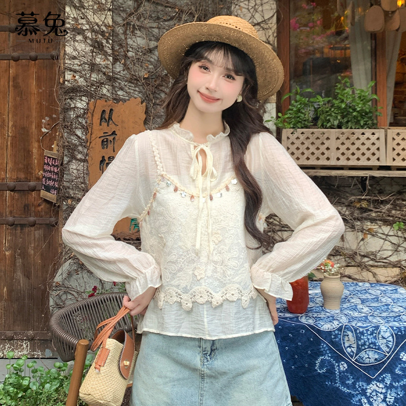 慕兔法式亮片流苏吊带背心女2025夏季新款叠穿长袖衬衫上衣两件套,女装/女士精品,衬衫,淘宝优惠券,粉丝福利购,淘宝优惠卷