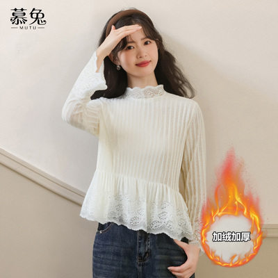慕兔法式气质荷叶边蕾丝打底衫