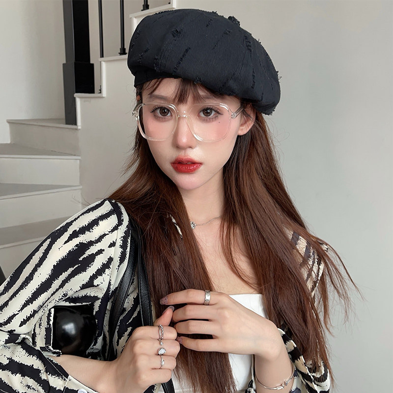 帽子女秋牛仔贝雷帽女网红韩版百搭破洞八角帽秋时尚画家帽显脸小