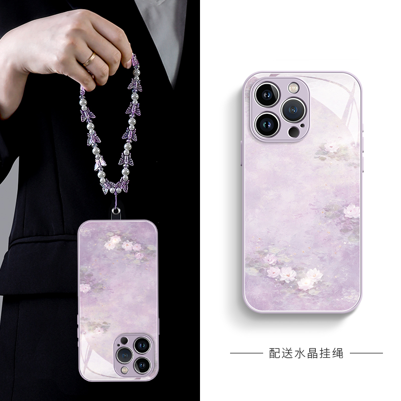 油画蝴蝶玻璃带挂绳手机壳