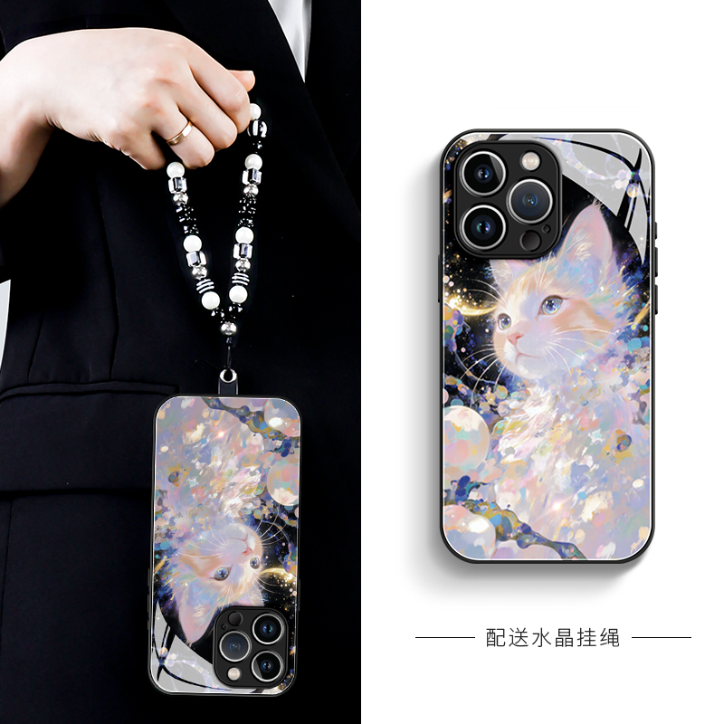 适用苹果手机壳星空猫液态玻璃