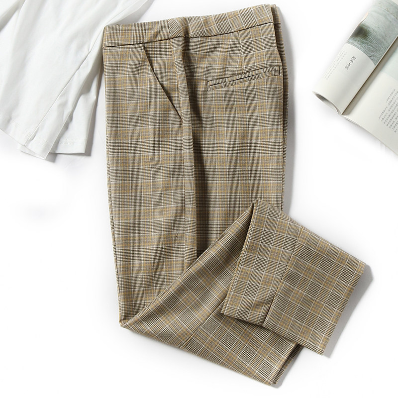 【清仓】黄色格子直筒裤九分裤文艺复古交口开叉休闲裤女