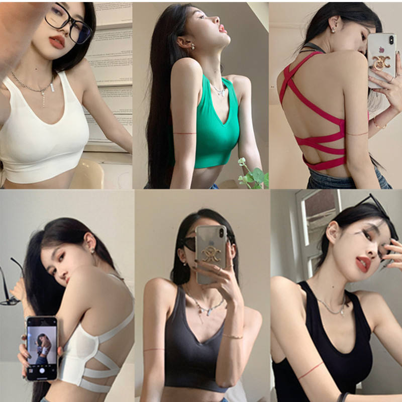 质量版辣妹大码性感美背交叉吊带背心女带胸垫聚拢打底夏外穿抹胸