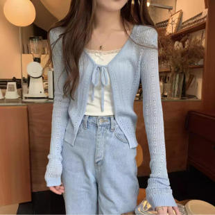 女装 镂空系带防晒衫 夏季 领短款 外搭白色上衣潮 5889 针织开衫 薄款