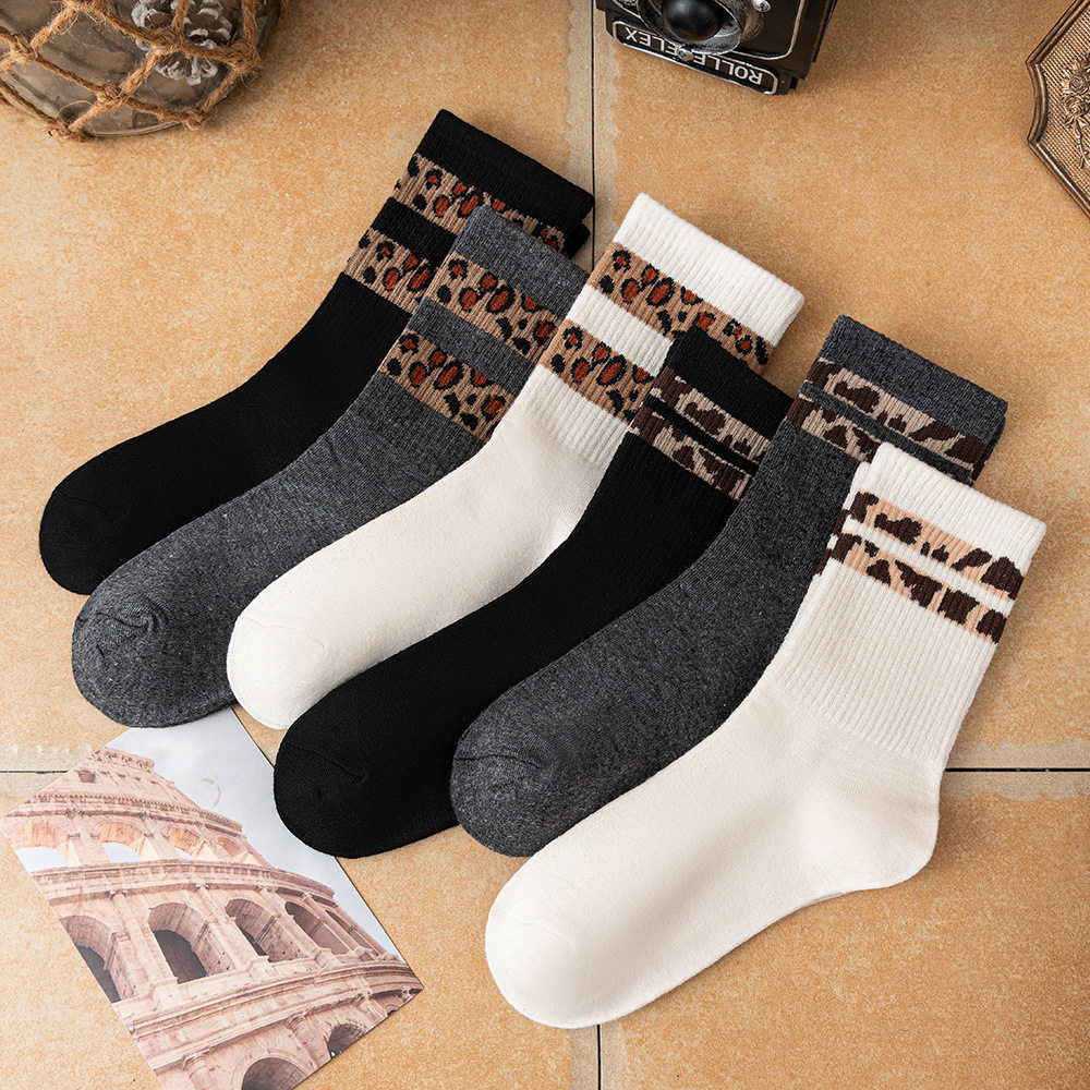 豹纹袜子女中筒袜ins潮网红款两杠街头学院风运动韩版秋夏堆堆袜