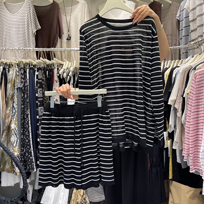 夏季女条纹针织T恤阔腿短裤套装