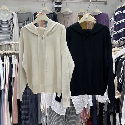 短款抽绳连帽双拉链外搭针织衫