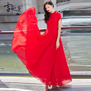 夏季红色雪纺连衣裙女长款到脚踝2024年新款时尚超长显瘦大摆裙子