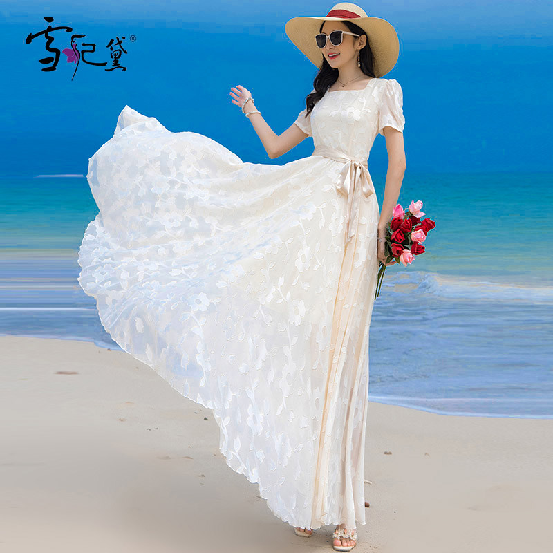 夏季白色雪纺碎花女长款到脚踝2025年新款收腰显瘦超子