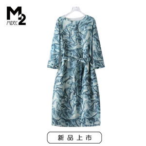 m2女装春秋新款宽松大码微胖妈妈直筒收腰显瘦中袖苎麻连衣裙