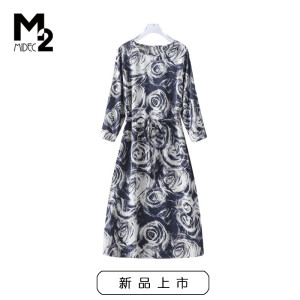 M2女装春秋新款有里布宽松大码中年妈妈七分袖雪纺连衣裙