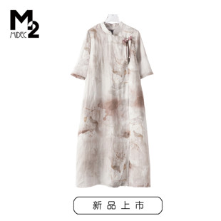 M2预售2024春夏新款宽松大码中年妈妈改良中式旗袍短袖苎麻连衣裙