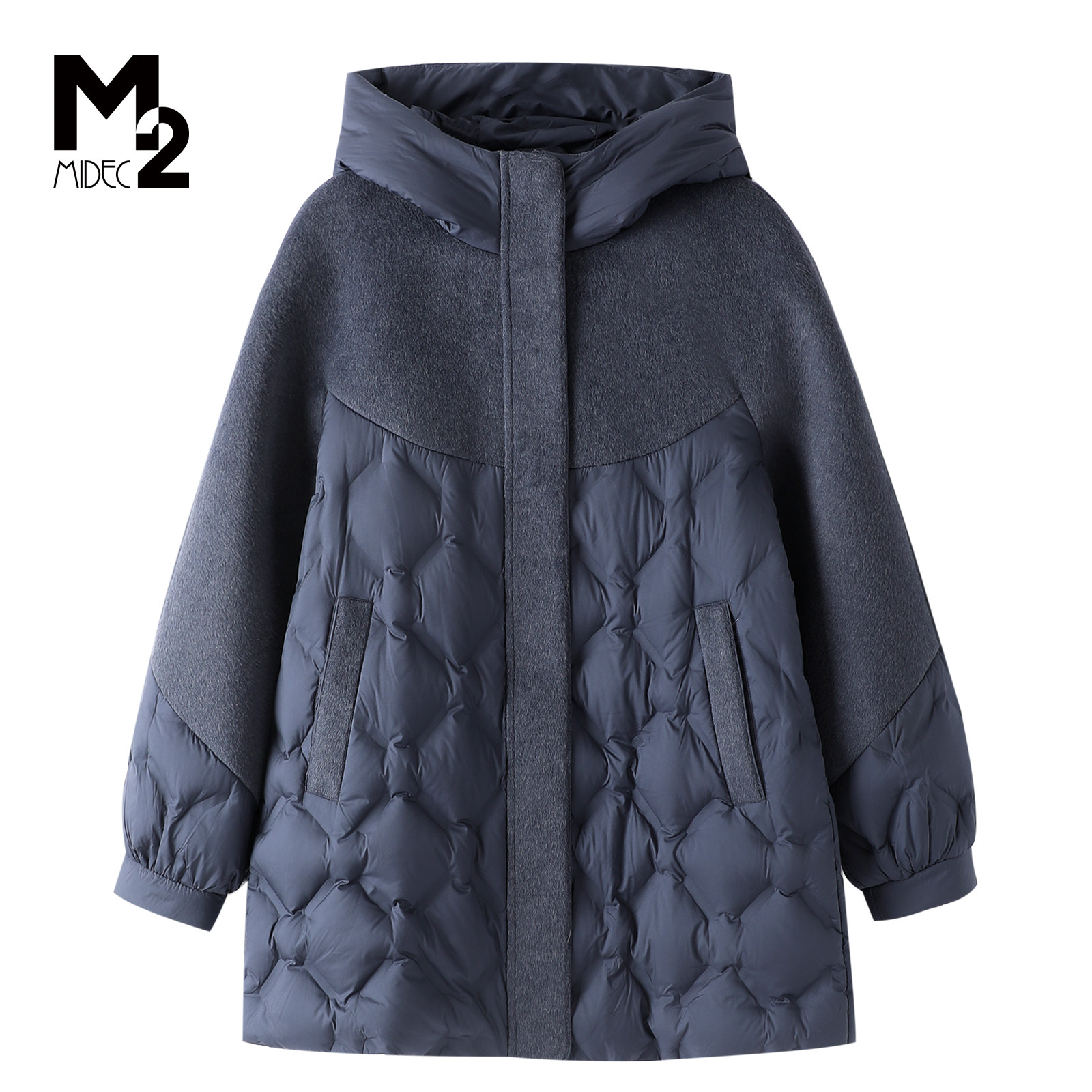 M2女装26冬中年妈妈中长款连帽羽绒服宽松大码毛呢拼接休闲外套