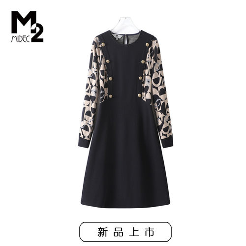 M2春秋大码妈妈针织长袖连衣裙