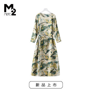 M2女装春秋新款宽松大码微胖中年妈妈七分袖雪纺连衣裙