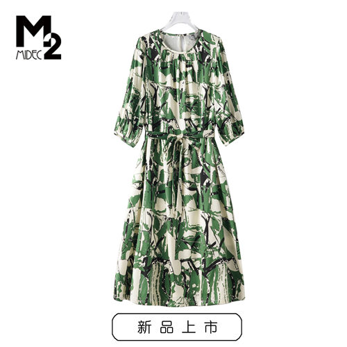 M2女装夏桑蚕丝中袖真丝连衣裙