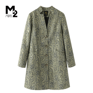 复古风印花中长款 新中式 翻领风衣外套 2026春秋中年宽松大码 M2女装