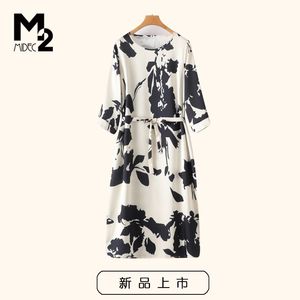 m2女装春秋简约中年微胖妈妈宽松大码直筒七分袖雪纺连衣裙