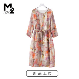 M2女装春秋新款宽松大码显瘦中年妈妈洋气中袖100%苎麻连衣裙
