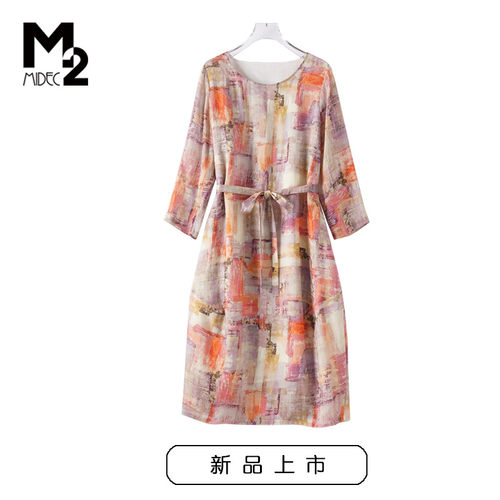 M2女装春秋中袖100%苎麻连衣裙