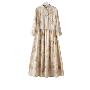 M2女装春秋款宽松大码中老年妈妈新中式国风中袖亚麻连衣裙