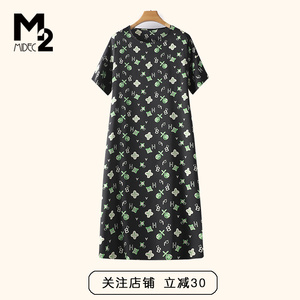M2女装夏新款宽松大码显瘦微胖中年妈妈短袖直筒雪纺连衣裙
