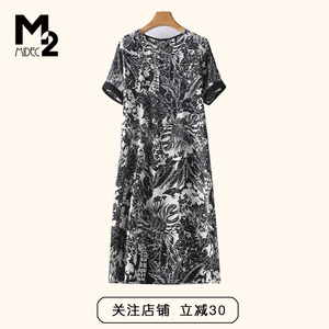 M2女装重磅真丝连衣裙夏新款圆领收腰黑色小碎花裙桑蚕丝裙子