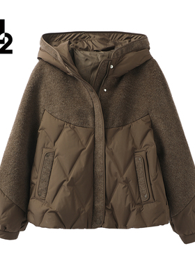 M2女装2025冬季新款宽松大码中年妈妈毛呢相拼白鸭绒连帽羽绒服