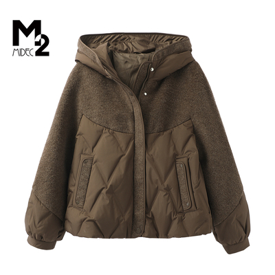 M2女装中年妈妈毛呢相拼白羽绒服