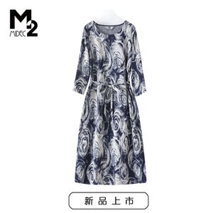 M2女装春秋新款宽松大码微胖中年妈妈七分袖直筒针织连衣裙