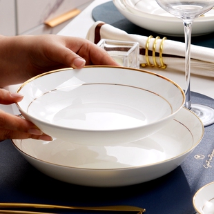 盘子菜盘a家用金边骨瓷深盘餐盘碟子微波炉餐具2024新款陶瓷盘中
