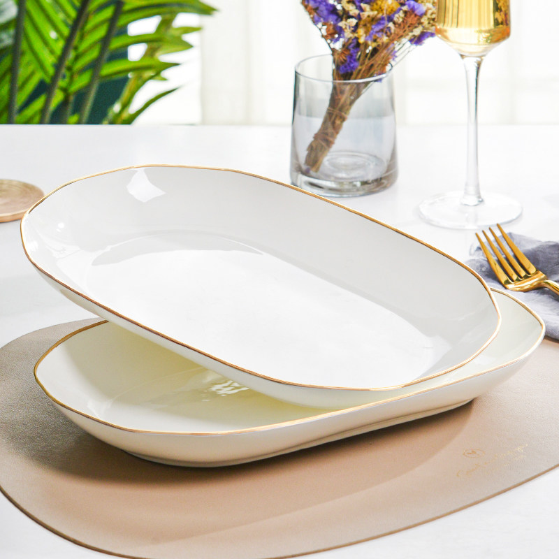 12英寸深盘子长方形装鱼盘子家用大盘子轻奢金边骨瓷餐具陶瓷菜盘,餐饮具,盘,淘宝优惠券,粉丝福利购,淘宝优惠卷