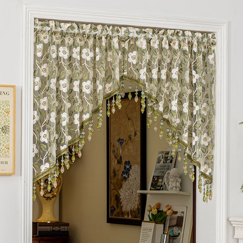 重工刺绣 吊珠半截门帘蕾丝刺绣氛围感门帘半帘免打孔拱形短纱帘,居家布艺,门帘,淘宝优惠券,粉丝福利购,淘宝优惠卷